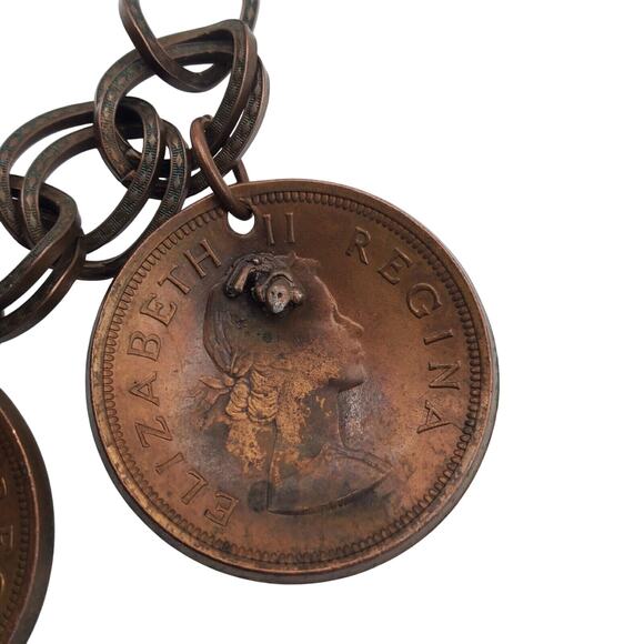 Vintage 1950s South African Coin Charm Bracelet Copper Five Cent Travel Chain - Picture 3 of 14